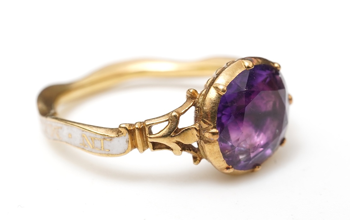 A rare and unusual George III amethyst and enamel mourning ring, late 18th century
